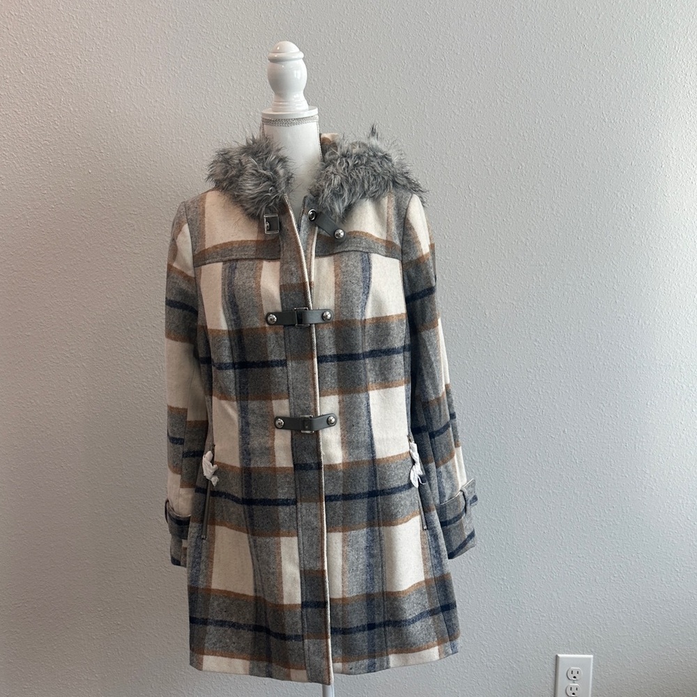 Plaid Pea Coat with Faux Fur Trim